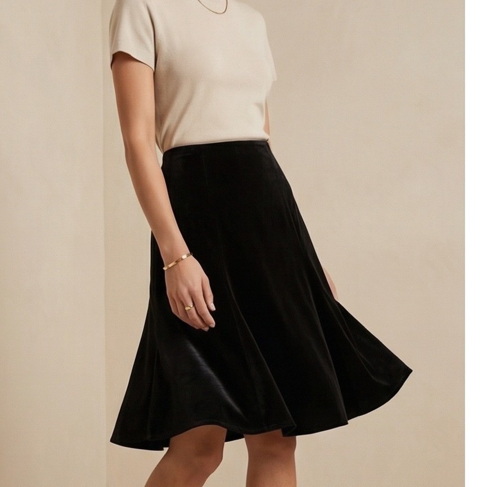 Softwear by Mark Singer L‎ Black Slinky Flare Midi Skirt Large Made in USA